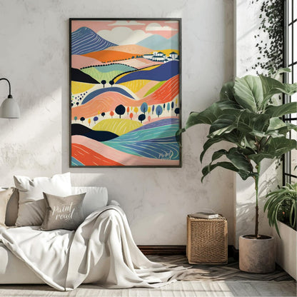 This vibrant digital illustration depicts a stylized landscape with rolling hills, dotted with tree… for living room