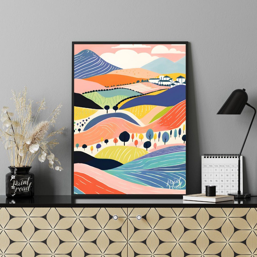 This vibrant digital illustration depicts a stylized landscape with rolling hills, dotted with tree… for office