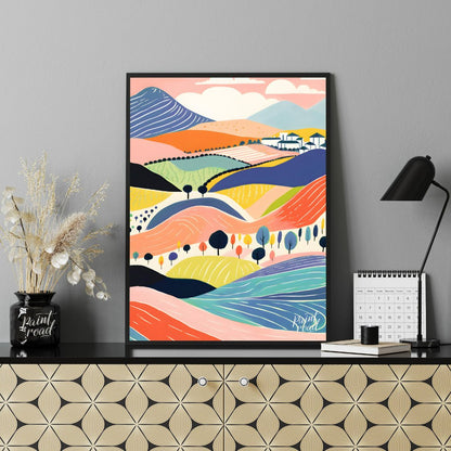 This vibrant digital illustration depicts a stylized landscape with rolling hills, dotted with tree… for office