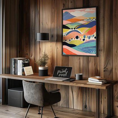 This vibrant digital illustration depicts a stylized landscape with rolling hills, dotted with tree… for office
