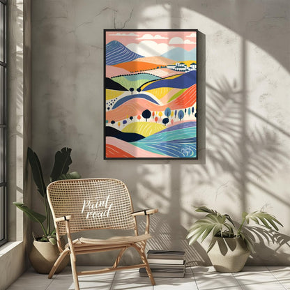 This vibrant digital illustration depicts a stylized landscape with rolling hills, dotted with tree… for other