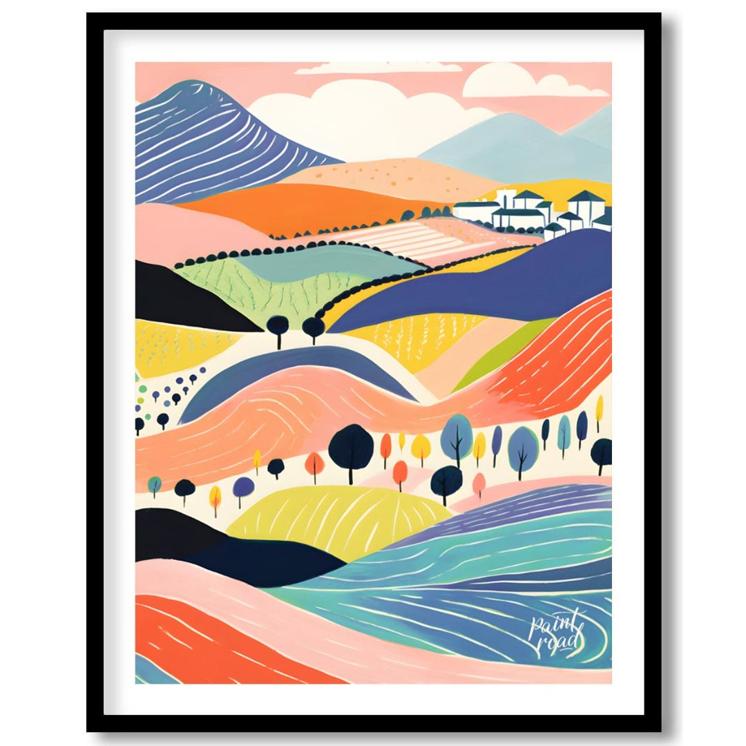 This vibrant digital illustration depicts a stylized landscape with rolling hills, dotted with tree… for place