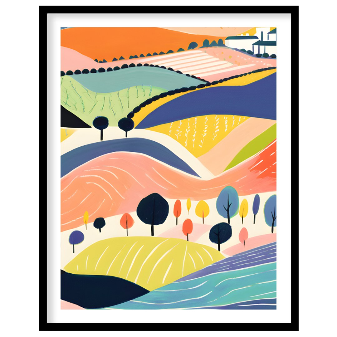 This vibrant digital illustration depicts a stylized landscape with rolling hills, dotted with tree… for place