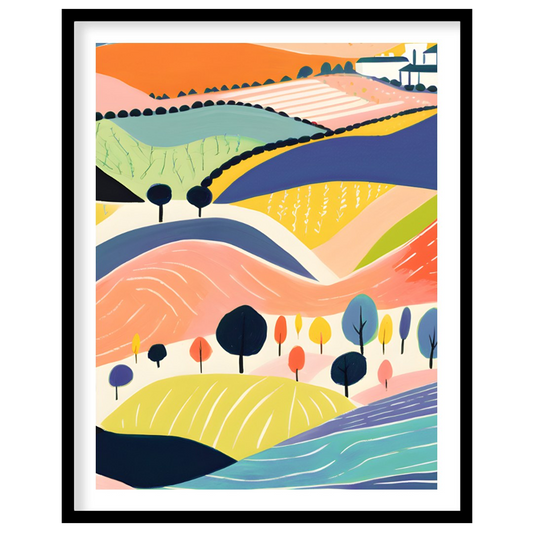 This vibrant digital illustration depicts a stylized landscape with rolling hills, dotted with tree… for place