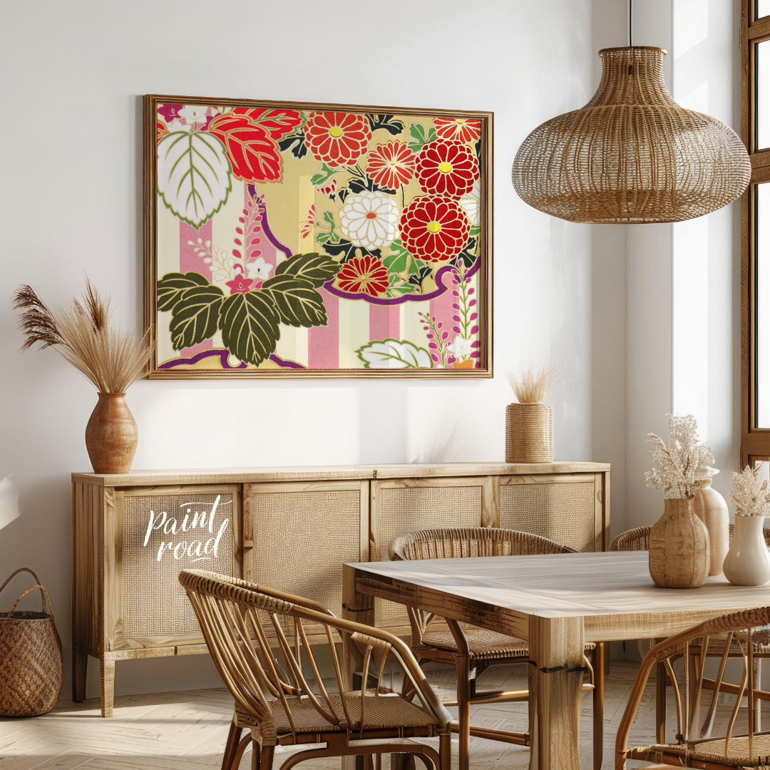 This artwork presents a detailed, stylized pattern reminiscent of traditional Japanese kimono desig… for dining room