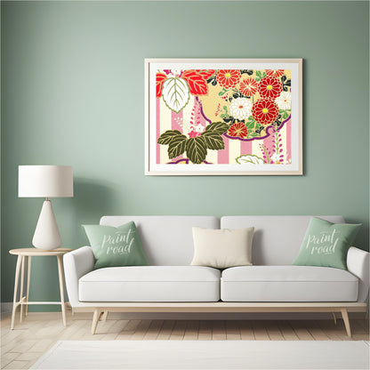 This artwork presents a detailed, stylized pattern reminiscent of traditional Japanese kimono desig… for living room