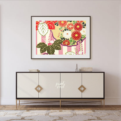 This artwork presents a detailed, stylized pattern reminiscent of traditional Japanese kimono desig… for living room