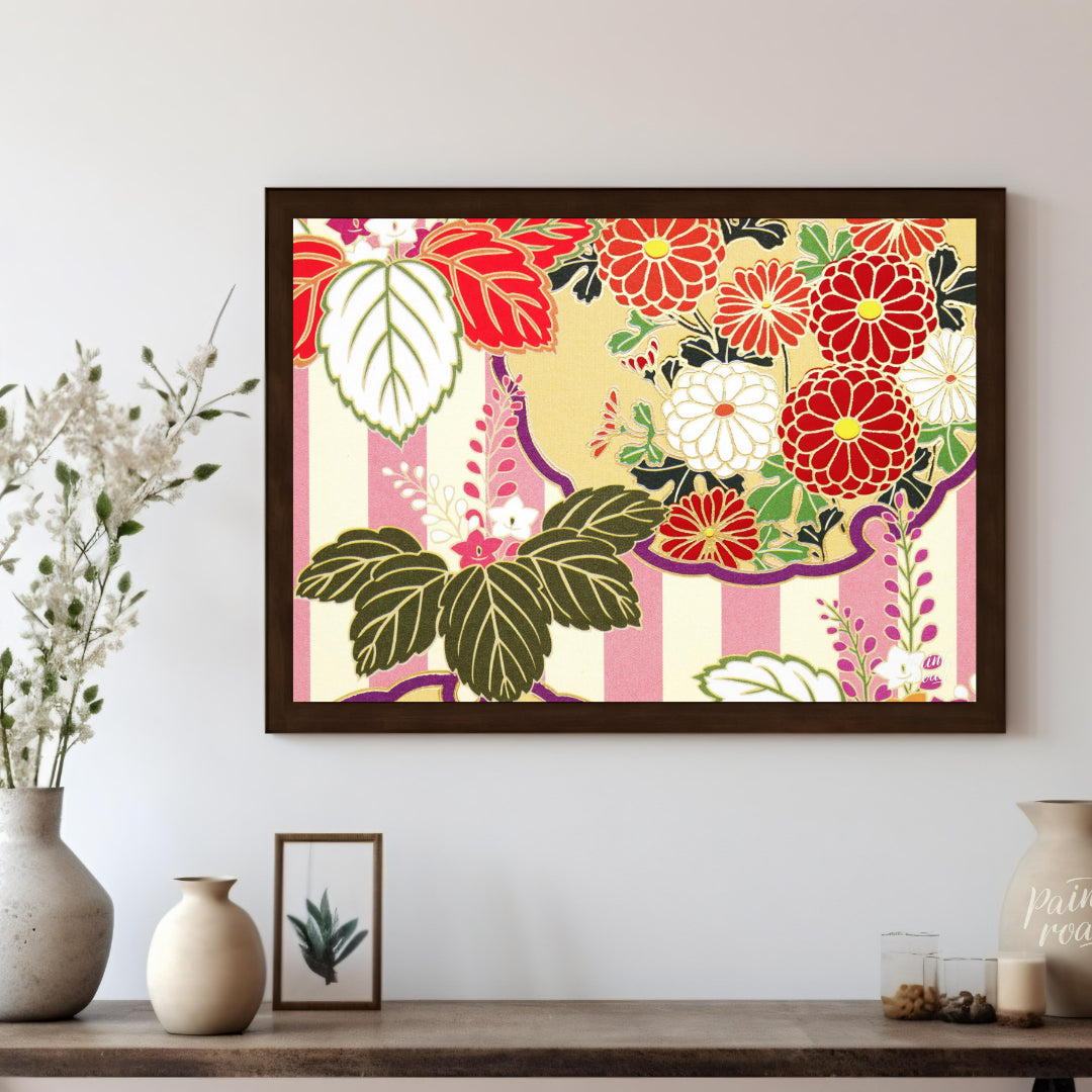 This artwork presents a detailed, stylized pattern reminiscent of traditional Japanese kimono desig… for living room