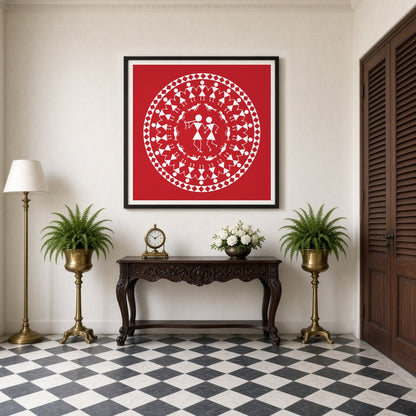 Immerse yourself in the rhythmic harmony of this Warli art piece, where figures encircle in a dance for Entrance