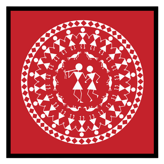 Immerse yourself in the rhythmic harmony of this Warli art piece, where figures encircle in a dance for gallery