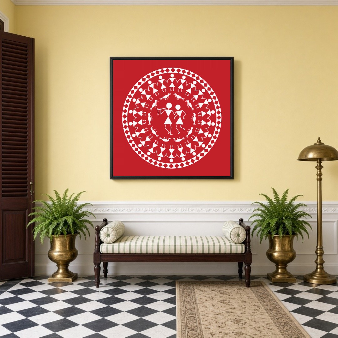 Immerse yourself in the rhythmic harmony of this Warli art piece, where figures encircle in a dance for Hallway