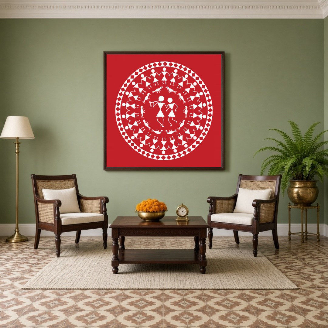 Immerse yourself in the rhythmic harmony of this Warli art piece, where figures encircle in a dance for Living Room