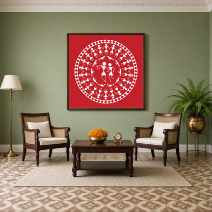 Immerse yourself in the rhythmic harmony of this Warli art piece, where figures encircle in a dance for Living Room