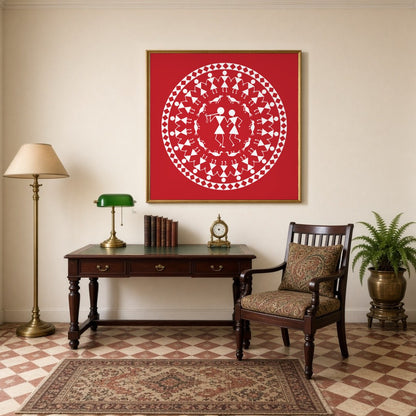 Immerse yourself in the rhythmic harmony of this Warli art piece, where figures encircle in a dance for Study
