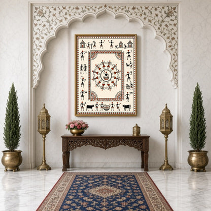 Immerse yourself in the rhythmic elegance of this Warli Village Dance Mandala, where traditional for Hallway