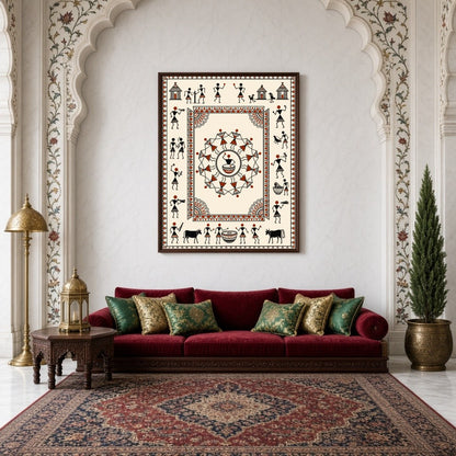 Immerse yourself in the rhythmic elegance of this Warli Village Dance Mandala, where traditional for Living Room