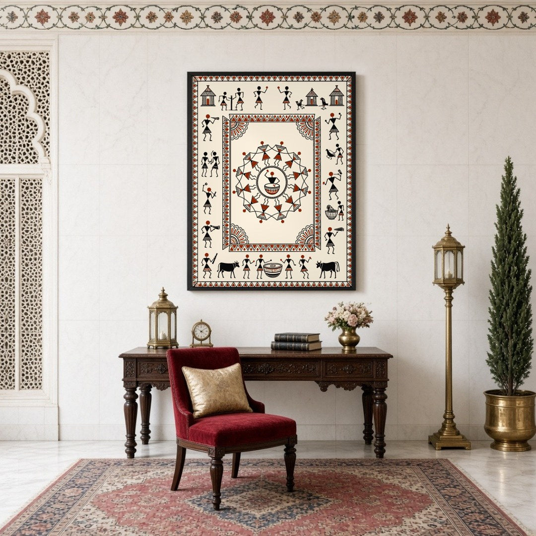 Immerse yourself in the rhythmic elegance of this Warli Village Dance Mandala, where traditional for Study