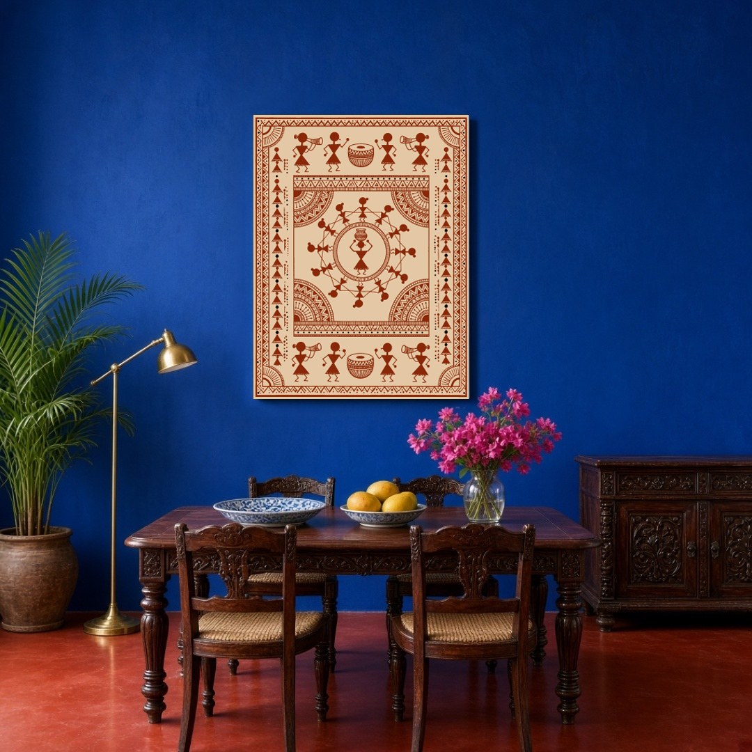 Immerse yourself in the vibrant energy of traditional Warli Art with this captivating piece. for Dining