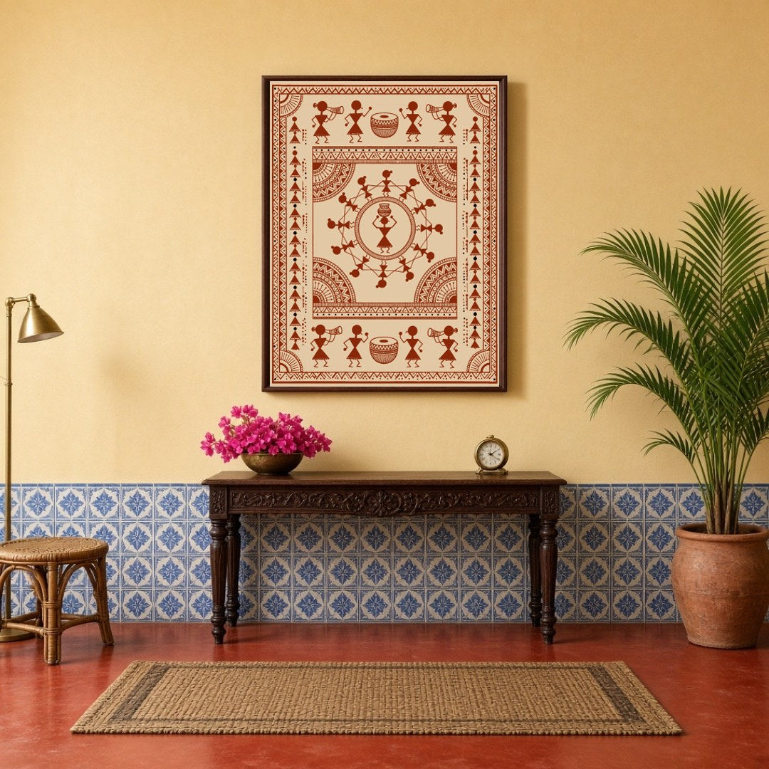 Immerse yourself in the vibrant energy of traditional Warli Art with this captivating piece. for Hallway