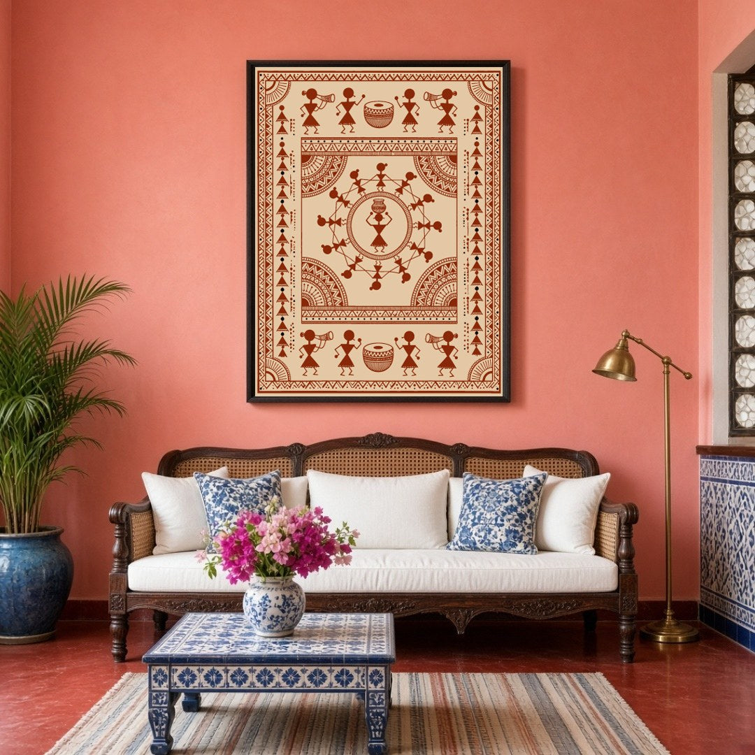 Immerse yourself in the vibrant energy of traditional Warli Art with this captivating piece. for Living Room