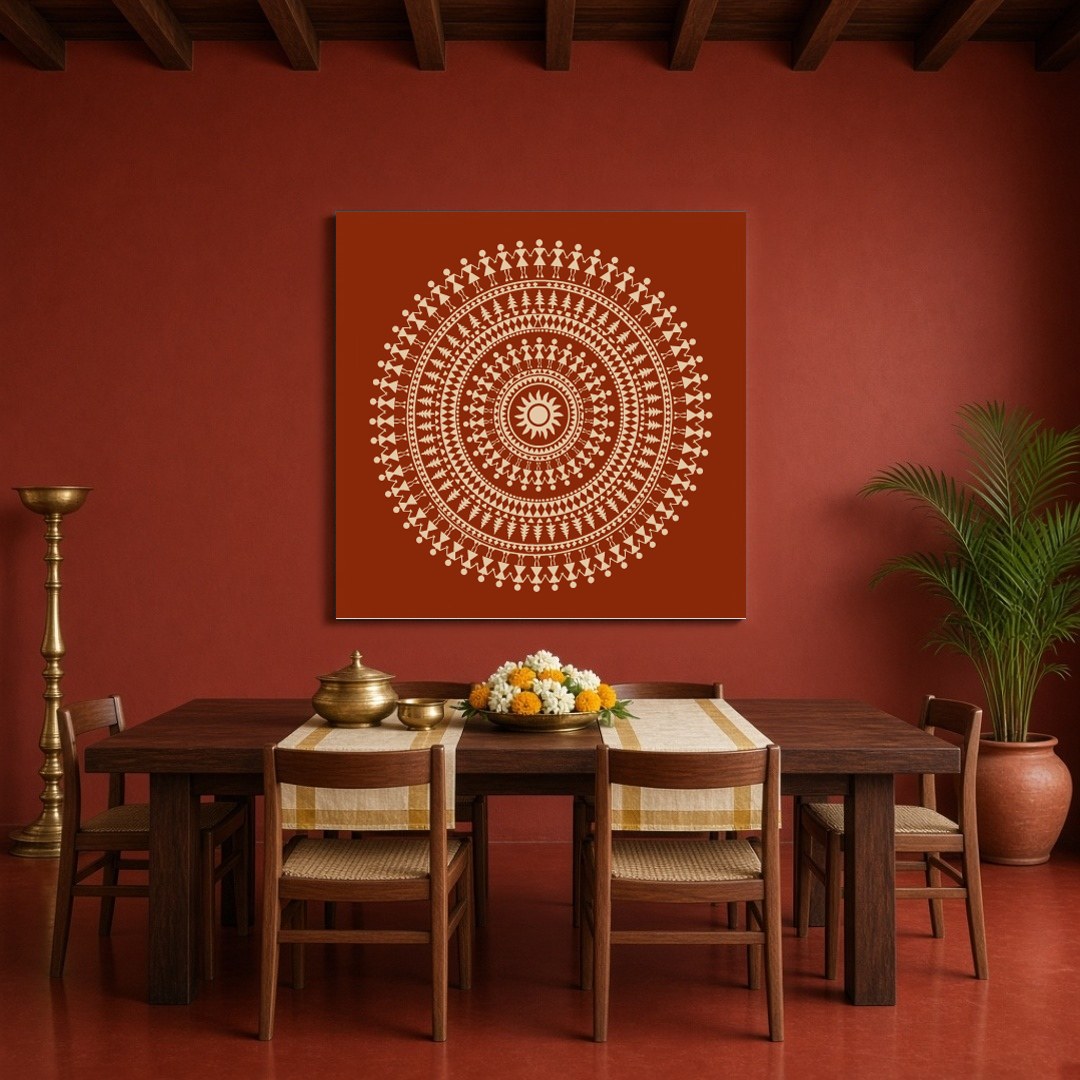 Embrace the rhythmic beauty of traditional Warli art with this captivating mandala. Intricate dance for Dining