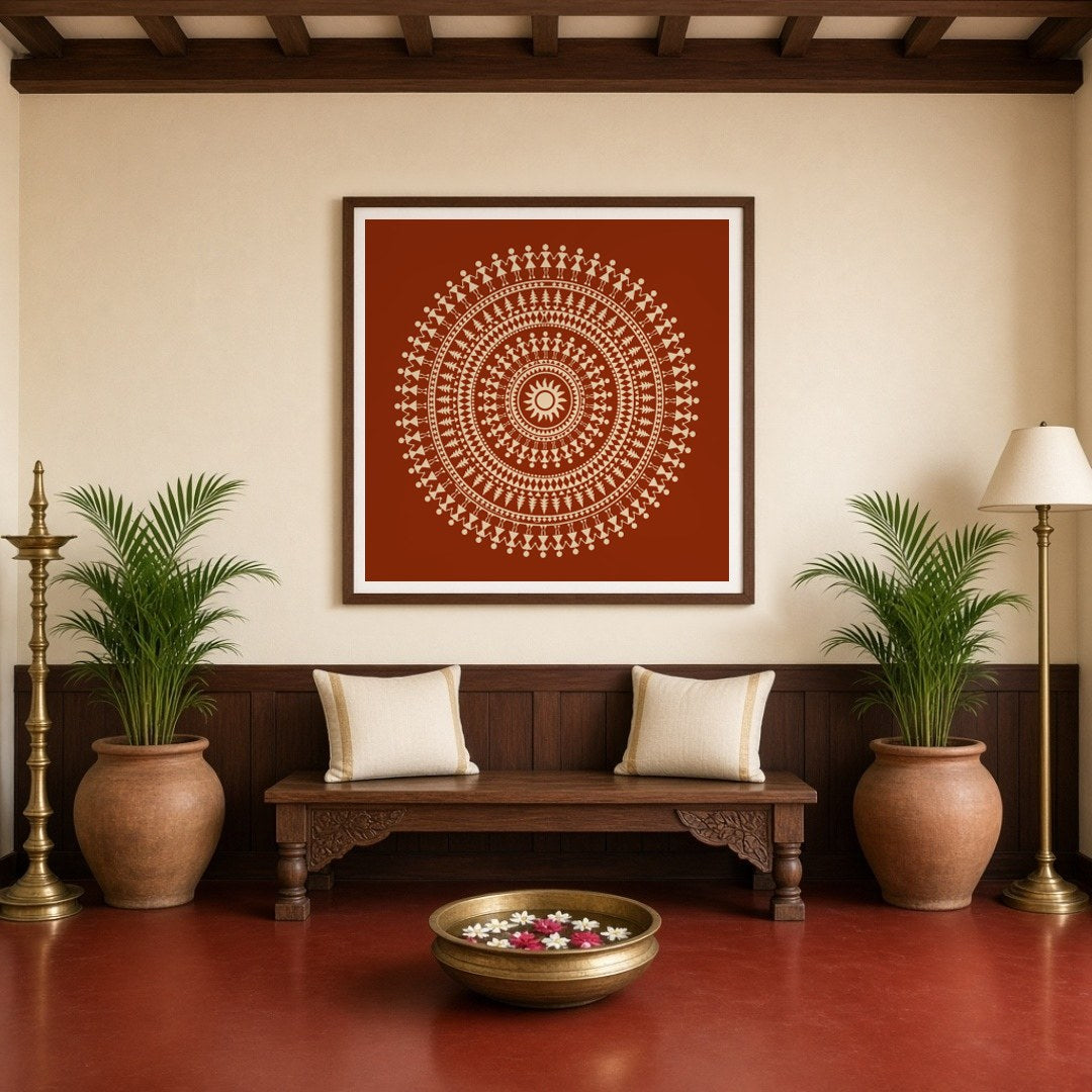 Embrace the rhythmic beauty of traditional Warli art with this captivating mandala. Intricate dance for Entrance