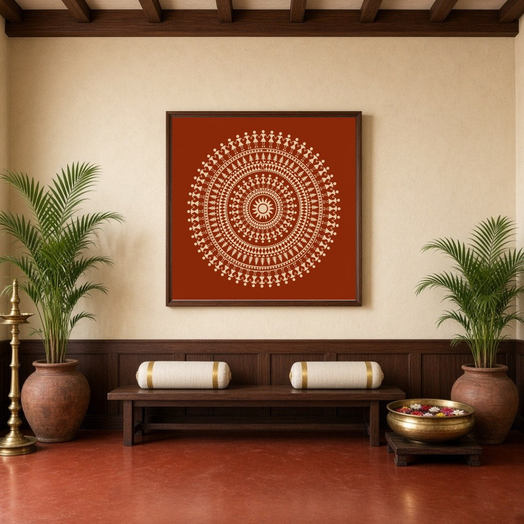 Embrace the rhythmic beauty of traditional Warli art with this captivating mandala. Intricate dance for Hallway