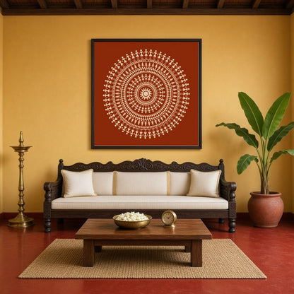 Embrace the rhythmic beauty of traditional Warli art with this captivating mandala. Intricate dance for Living Room
