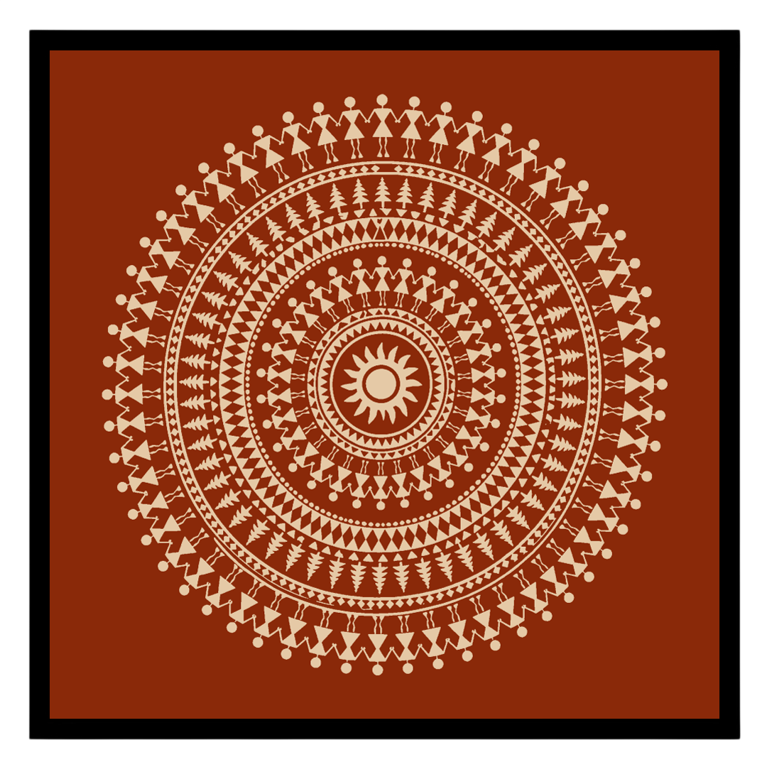 Embrace the rhythmic beauty of traditional Warli art with this captivating mandala. Intricate dance for nook