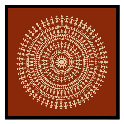 Embrace the rhythmic beauty of traditional Warli art with this captivating mandala. Intricate dance for nook