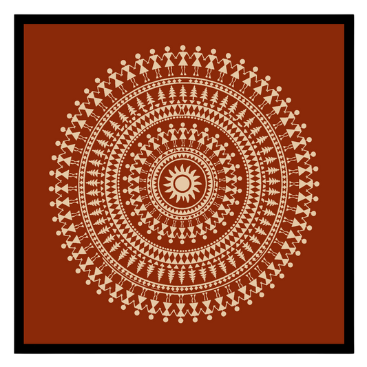 Embrace the rhythmic beauty of traditional Warli art with this captivating mandala. Intricate dance for nook