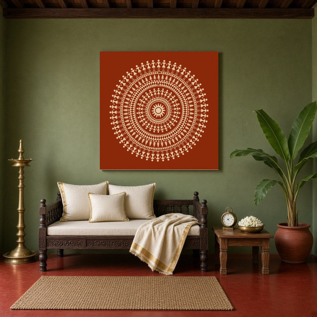 Embrace the rhythmic beauty of traditional Warli art with this captivating mandala. Intricate dance for Sitting Area