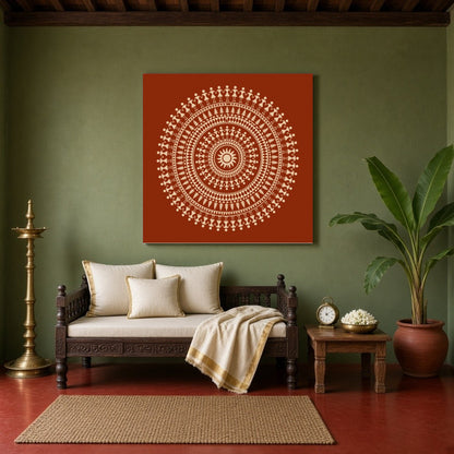 Embrace the rhythmic beauty of traditional Warli art with this captivating mandala. Intricate dance for Sitting Area