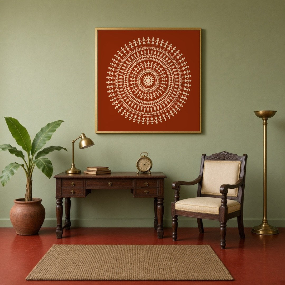 Embrace the rhythmic beauty of traditional Warli art with this captivating mandala. Intricate dance for Study