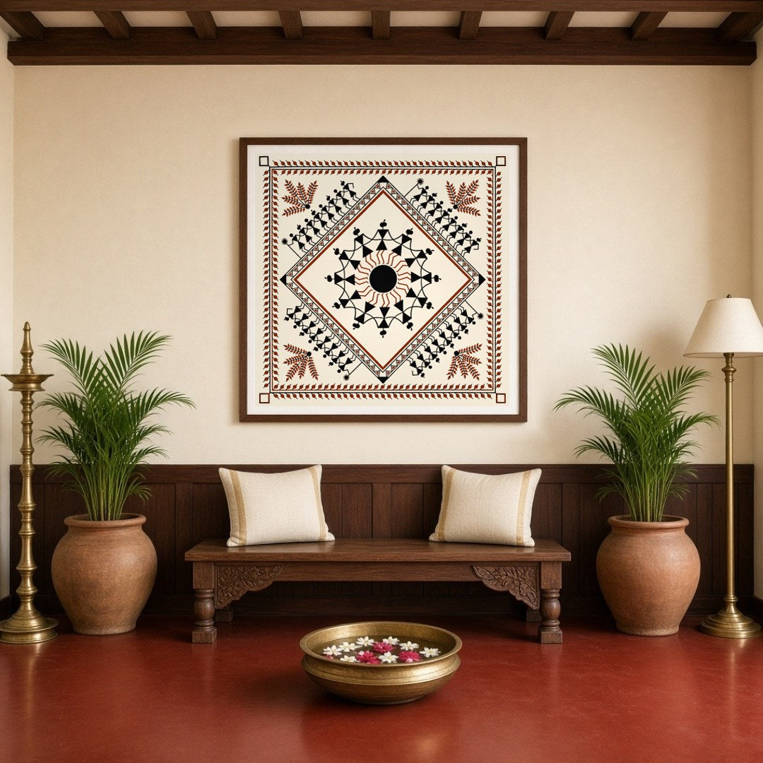Embrace the rhythmic harmony of rural life with this exquisite Warli art piece, showcasing a for Entrance