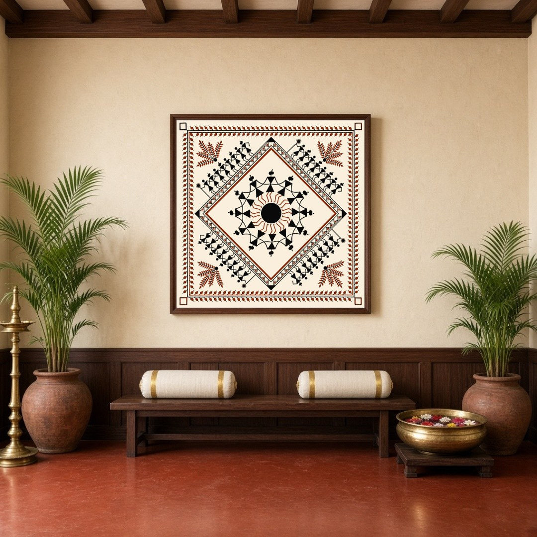 Embrace the rhythmic harmony of rural life with this exquisite Warli art piece, showcasing a for Hallway