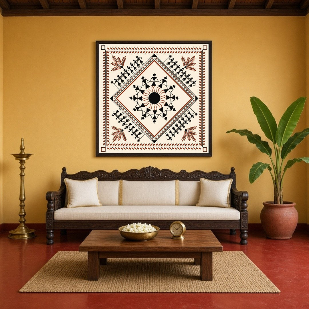 Embrace the rhythmic harmony of rural life with this exquisite Warli art piece, showcasing a for Living Room