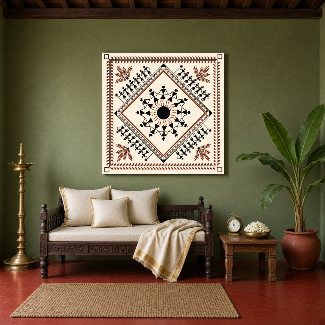 Embrace the rhythmic harmony of rural life with this exquisite Warli art piece, showcasing a for Sitting Area