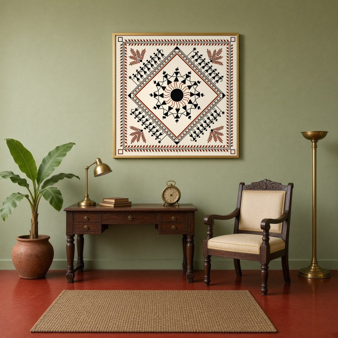 Embrace the rhythmic harmony of rural life with this exquisite Warli art piece, showcasing a for Study