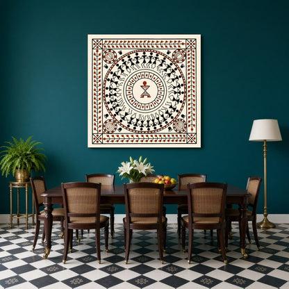 Immerse in the vibrant celebration of life with this Warli Mandala Art Print. The circular dance for Dining