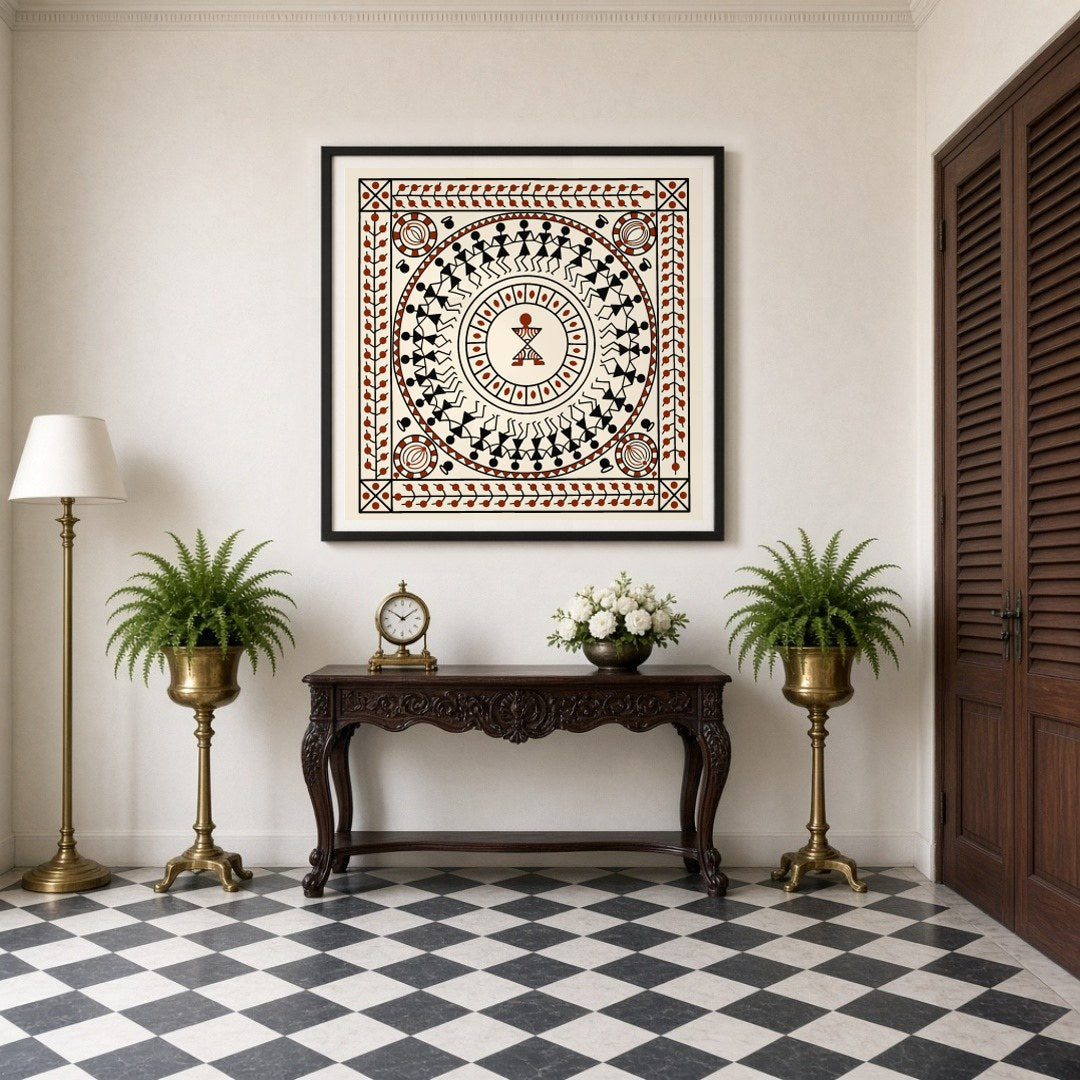 Immerse in the vibrant celebration of life with this Warli Mandala Art Print. The circular dance for Entrance