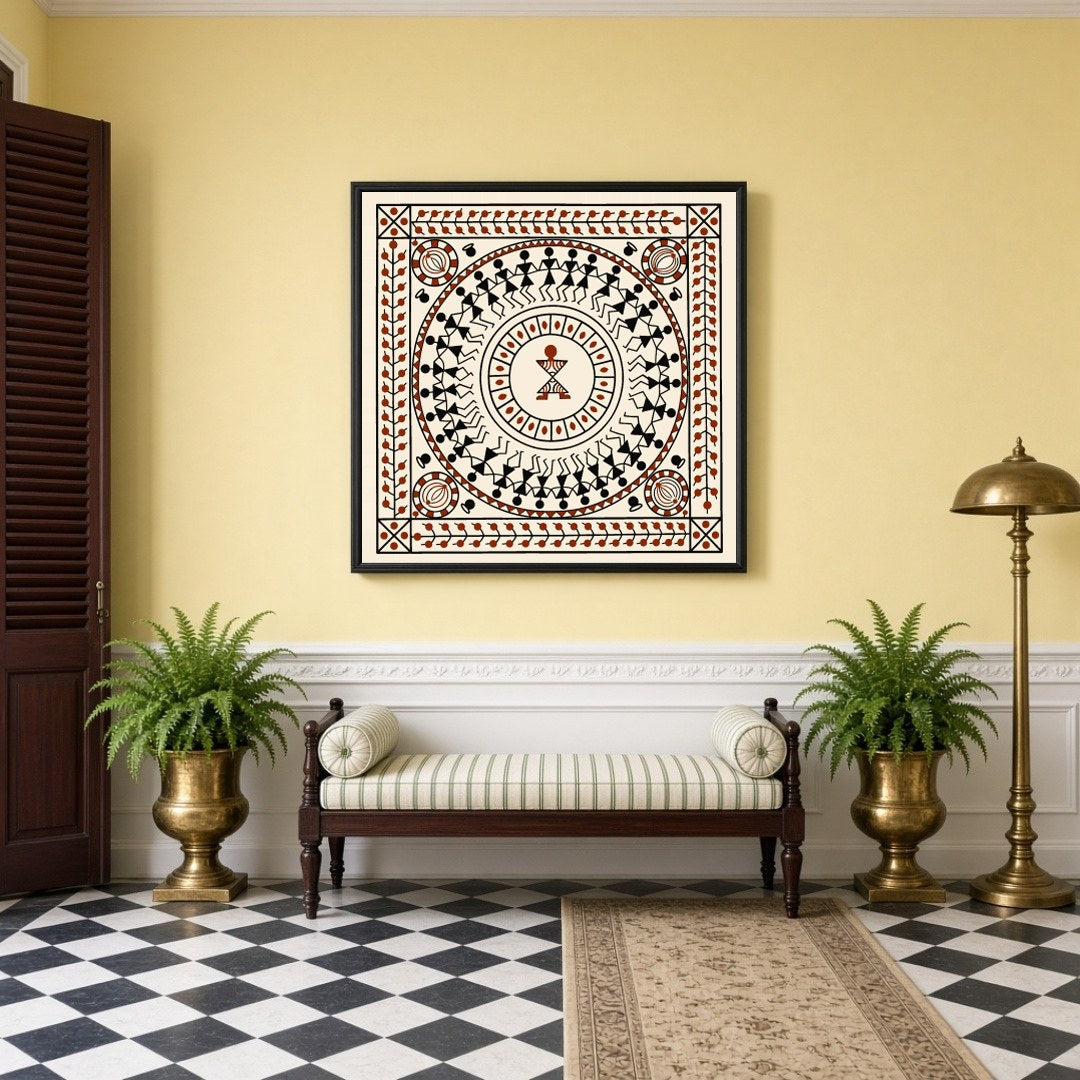 Immerse in the vibrant celebration of life with this Warli Mandala Art Print. The circular dance for Hallway