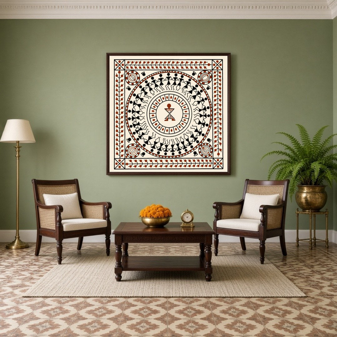 Immerse in the vibrant celebration of life with this Warli Mandala Art Print. The circular dance for Living Room