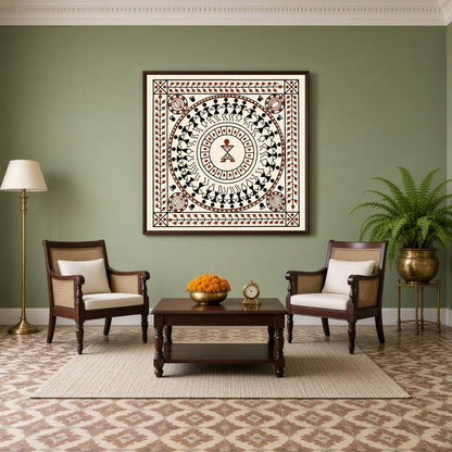 Immerse in the vibrant celebration of life with this Warli Mandala Art Print. The circular dance for Living Room