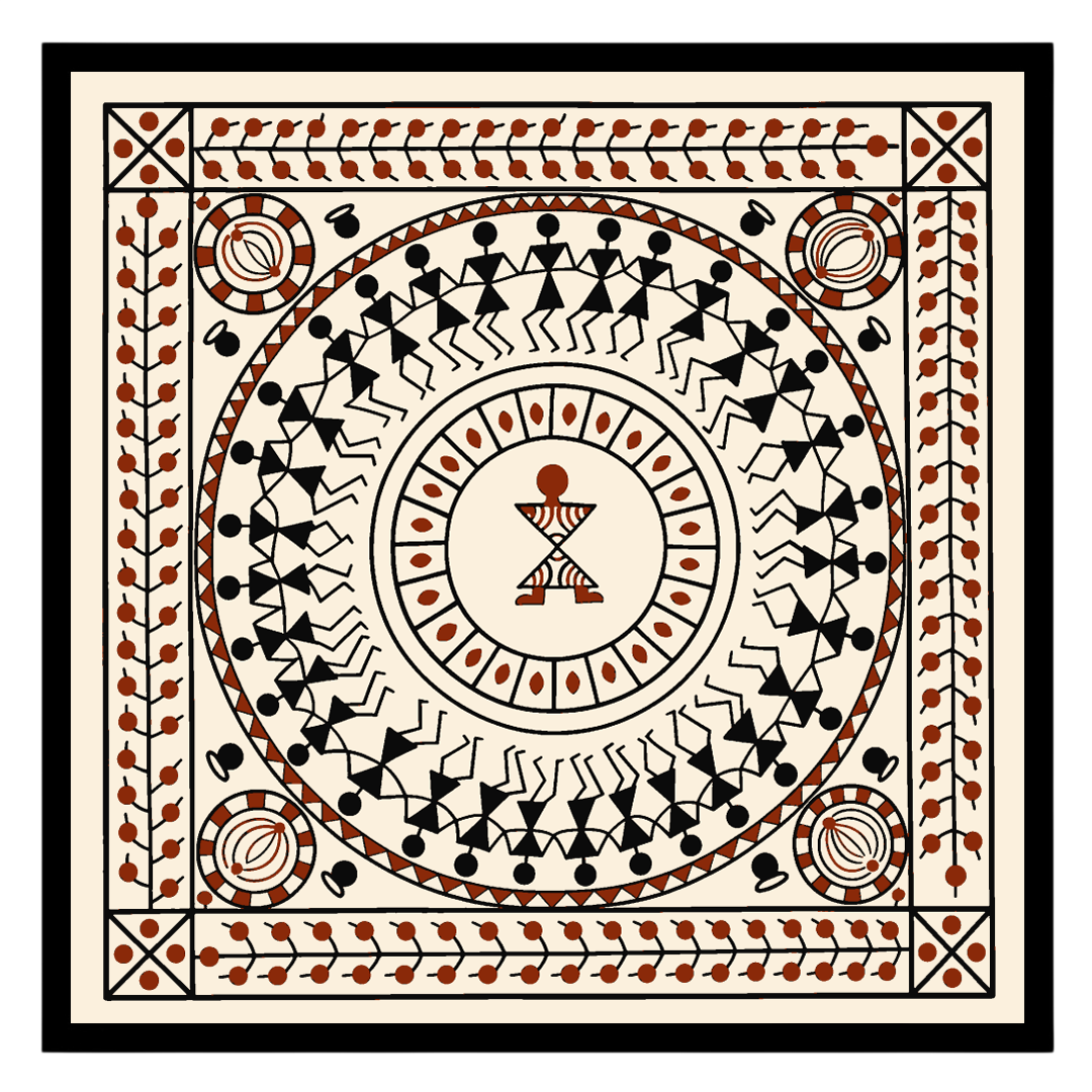 Immerse in the vibrant celebration of life with this Warli Mandala Art Print. The circular dance for nook