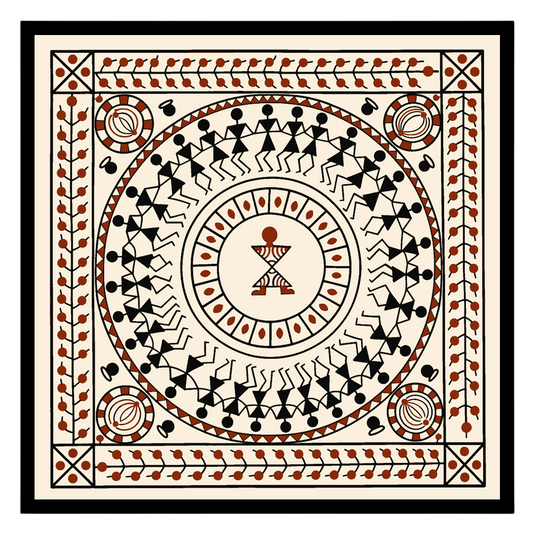 Immerse in the vibrant celebration of life with this Warli Mandala Art Print. The circular dance for nook