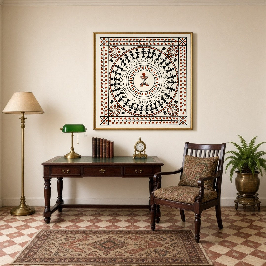 Immerse in the vibrant celebration of life with this Warli Mandala Art Print. The circular dance for Study