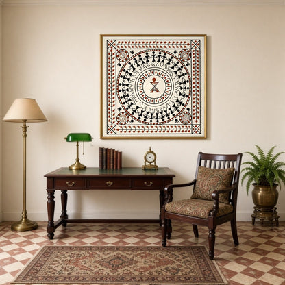 Immerse in the vibrant celebration of life with this Warli Mandala Art Print. The circular dance for Study