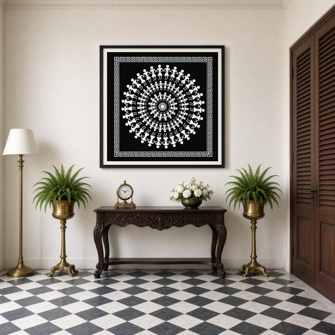 Celebrate the vibrant rhythm of village life with this stunning Warli art print, featuring for Entrance