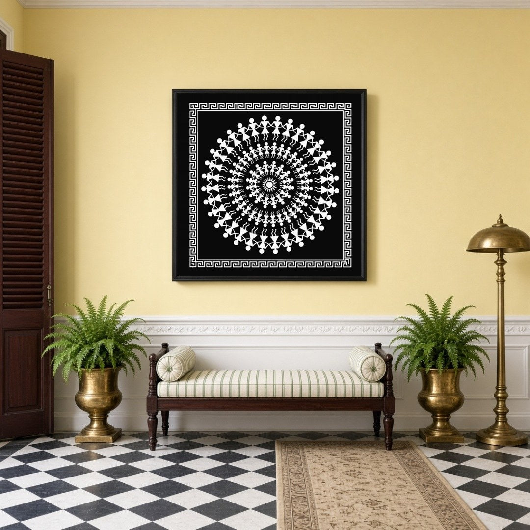 Celebrate the vibrant rhythm of village life with this stunning Warli art print, featuring for Hallway